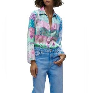 Zara Satin Blouse - Sz XS - Pastel Patchwork print - Bell Sleeve - Top